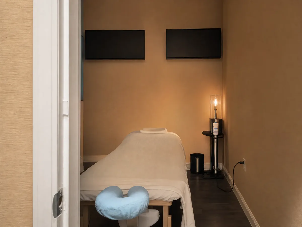 Acupuncture treatment room with a treatment table and heat lamp